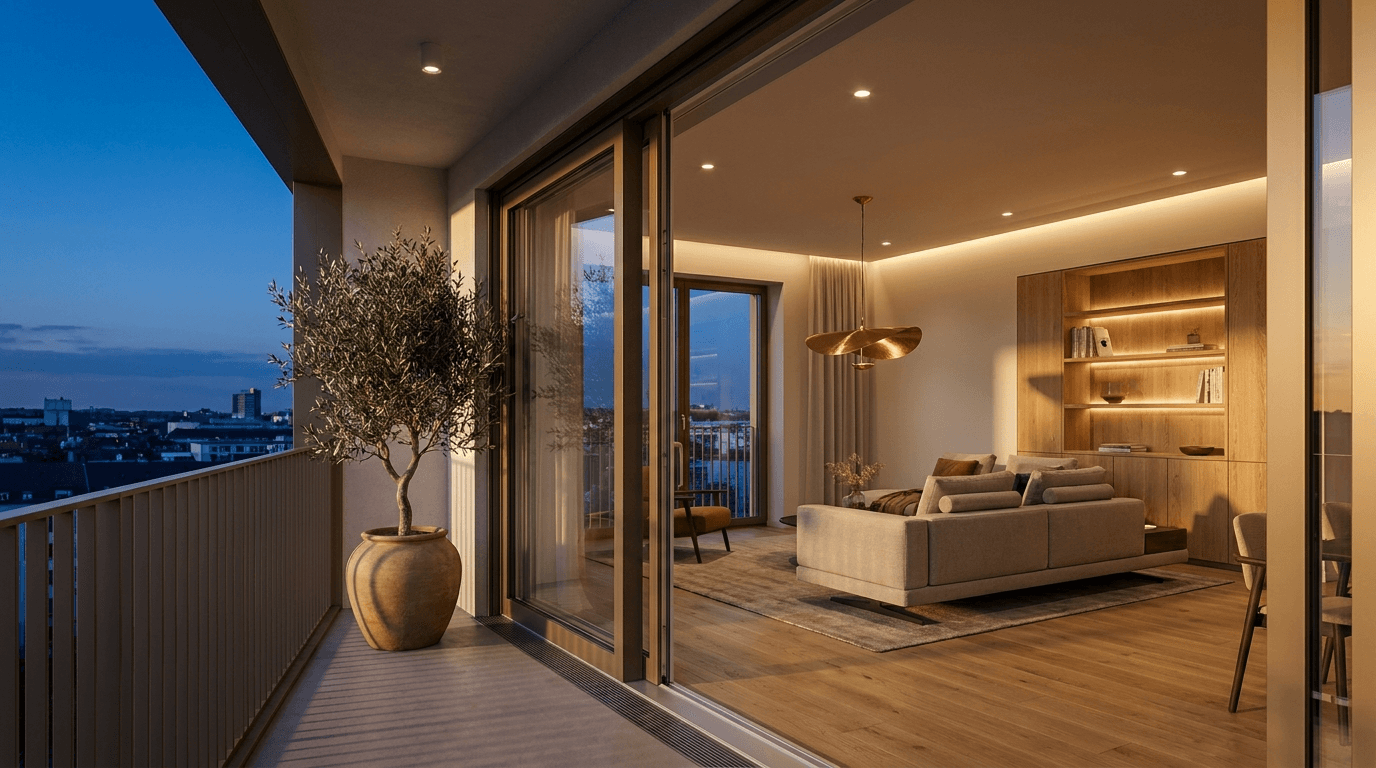 Stilvolles Wohnzimmer mit moderner Lichtinstallation von Elektro Steinhausen — Blick von der Loggia zur goldenen Stunde
